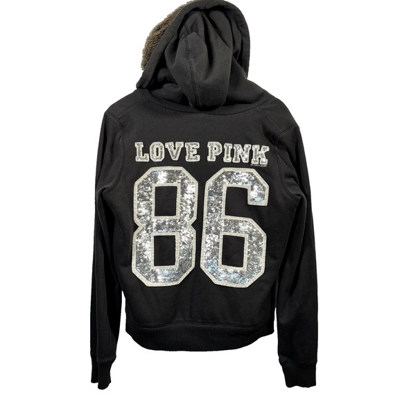Victoria's Secret Tops - Victorias Secret PINK Y2K Hoodie Large Faux Fur Lined Bling Sequin Full Zip Read